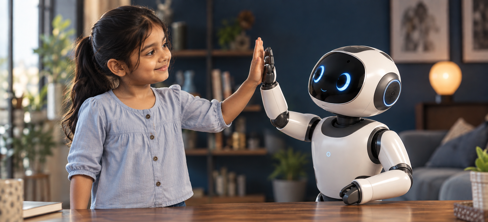 An Indian girl standing and high-fiving a friendly robot