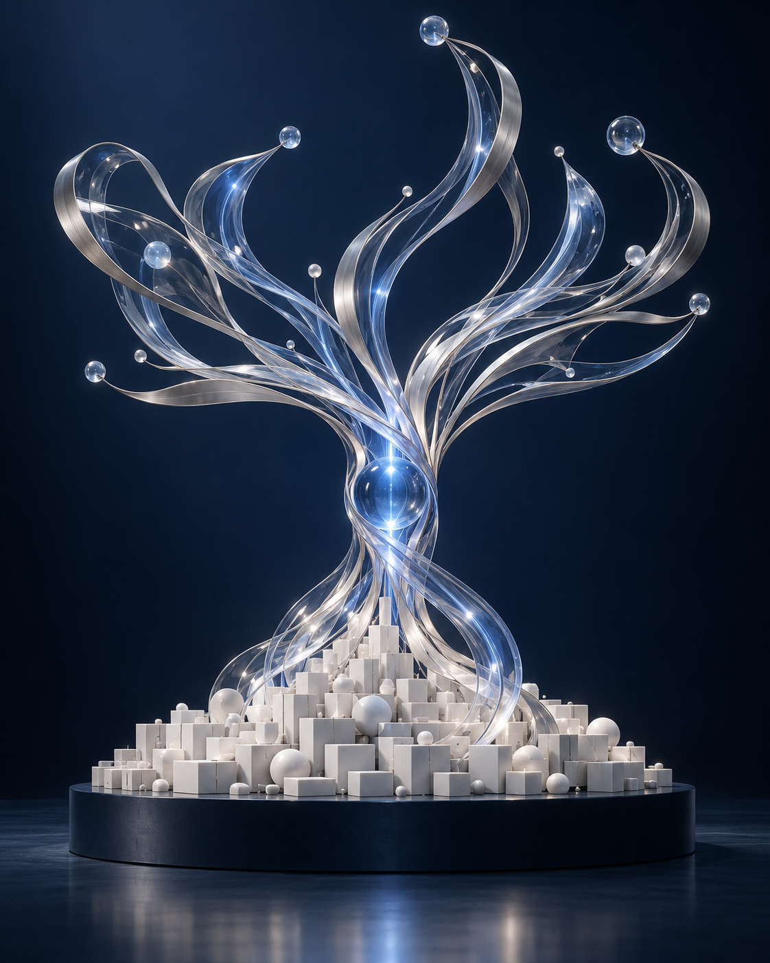 Branching glass and silver sculpture representing connected intelligence and expanding possibilities
